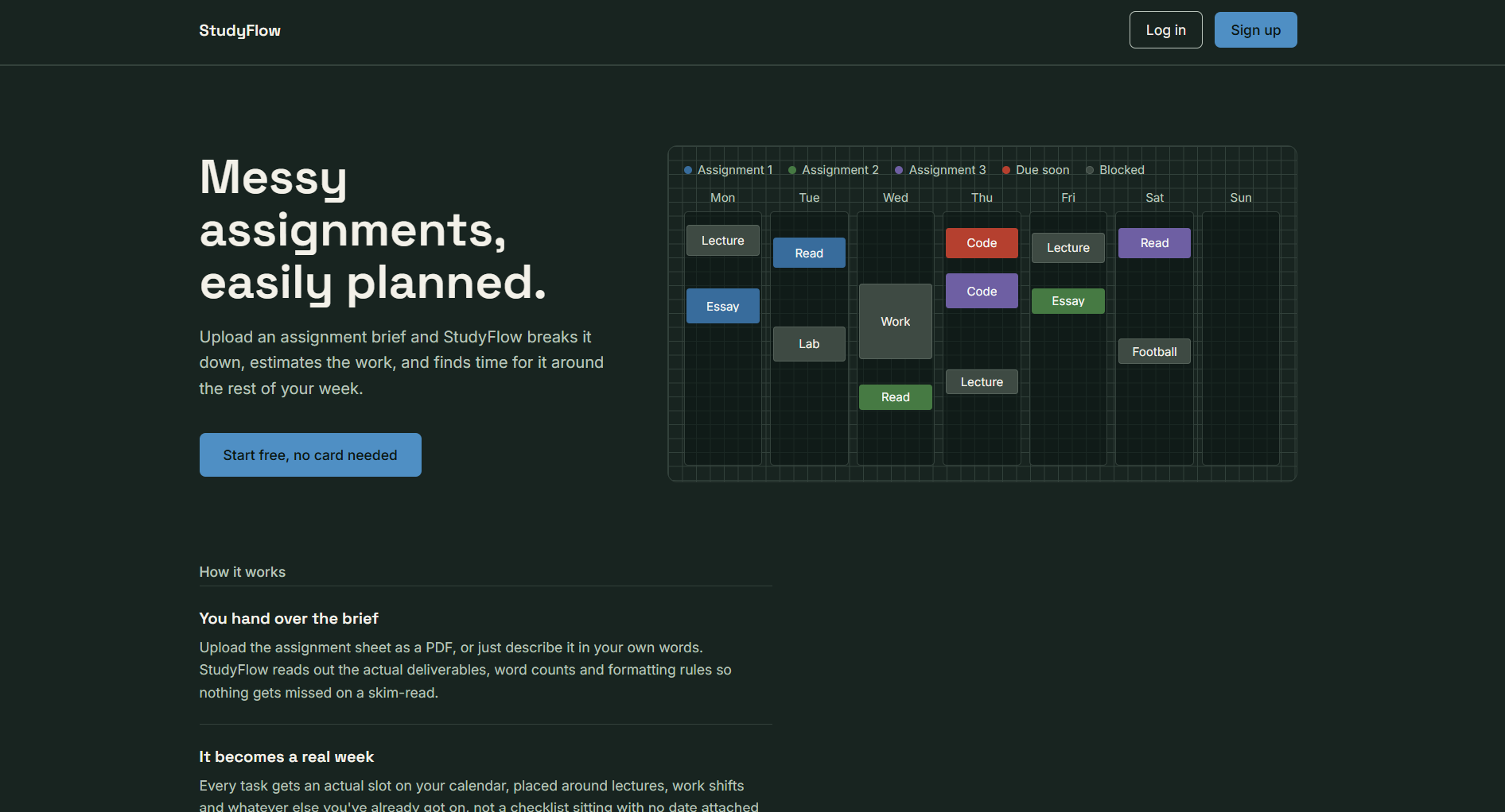 The DueCourse home page: the headline 'Messy assignments, easily planned' beside a weekly calendar with lectures, reading and essay sessions.